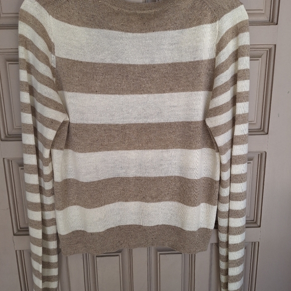 Forever21 Sweater Wool Blend SzM Long Sleeve Contrast Stripe Taupe/Creme V Neck - Picture 6 of 7